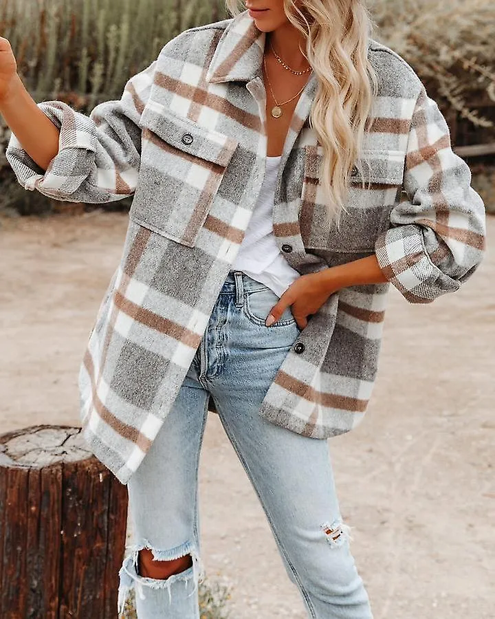 AUTUMN AND WINTER LONGSLEEVED LOOSE PLAID SHIRT  JACKET WOMEN