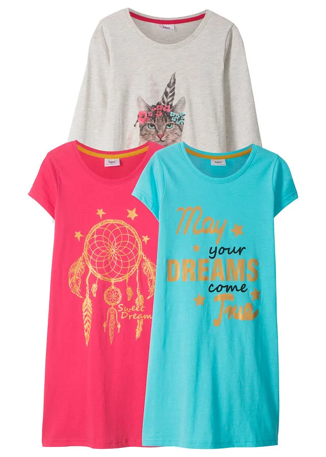 Camisón para niñas (3 unidades) Celeste/natural jaspeado/rosa hibisco