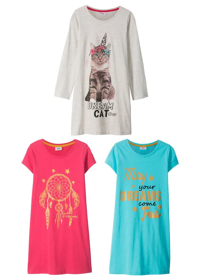 Camisón para niñas (3 unidades) Celeste/natural jaspeado/rosa hibisco
