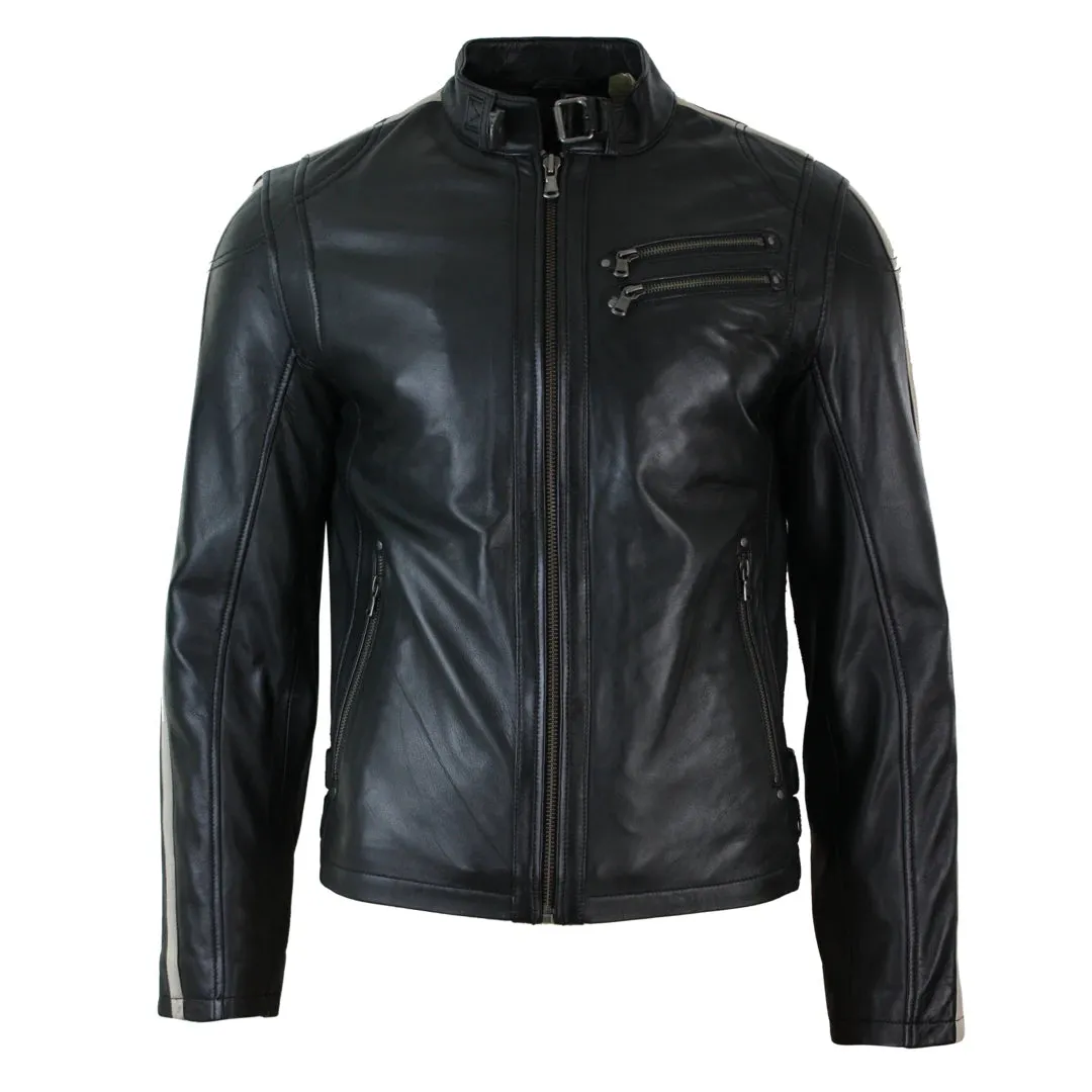 Chaqueta de cuero para caballero estilo Biker Racing con detalle de rayas en las Mangas