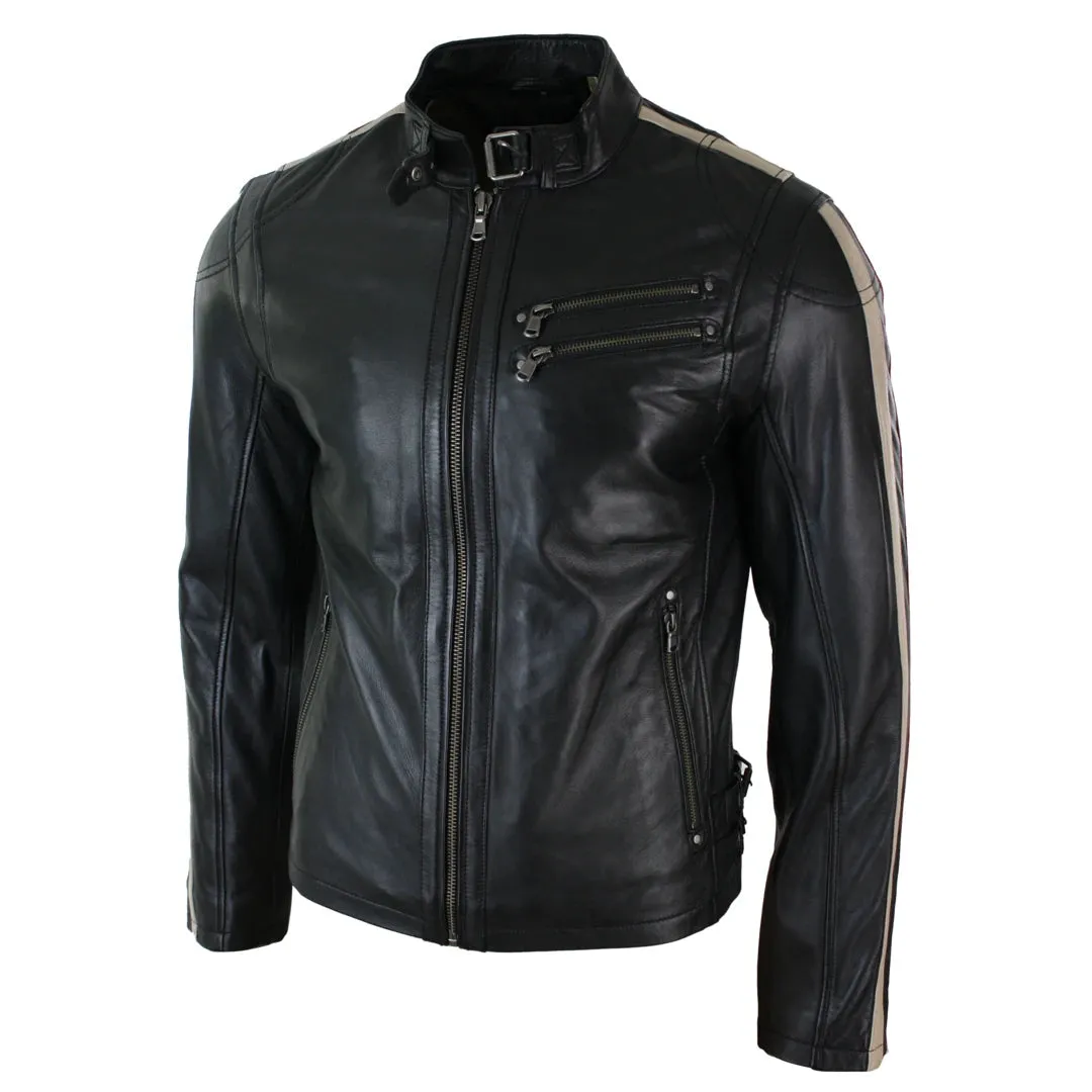Chaqueta de cuero para caballero estilo Biker Racing con detalle de rayas en las Mangas