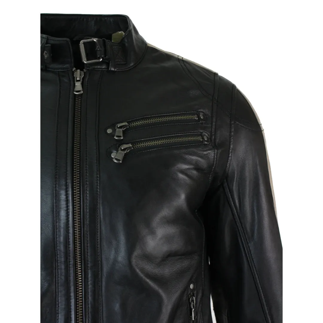 Chaqueta de cuero para caballero estilo Biker Racing con detalle de rayas en las Mangas