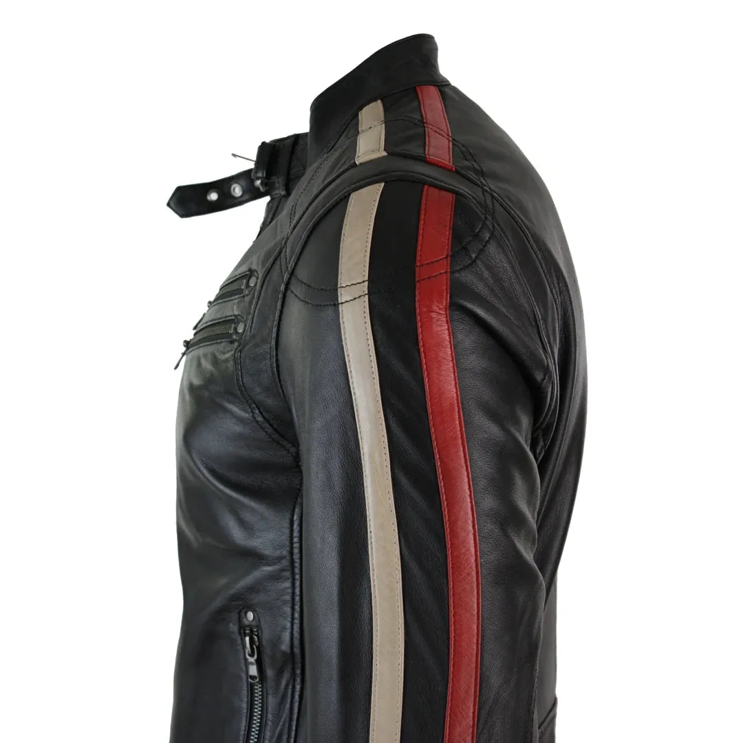 Chaqueta de cuero para caballero estilo Biker Racing con detalle de rayas en las Mangas
