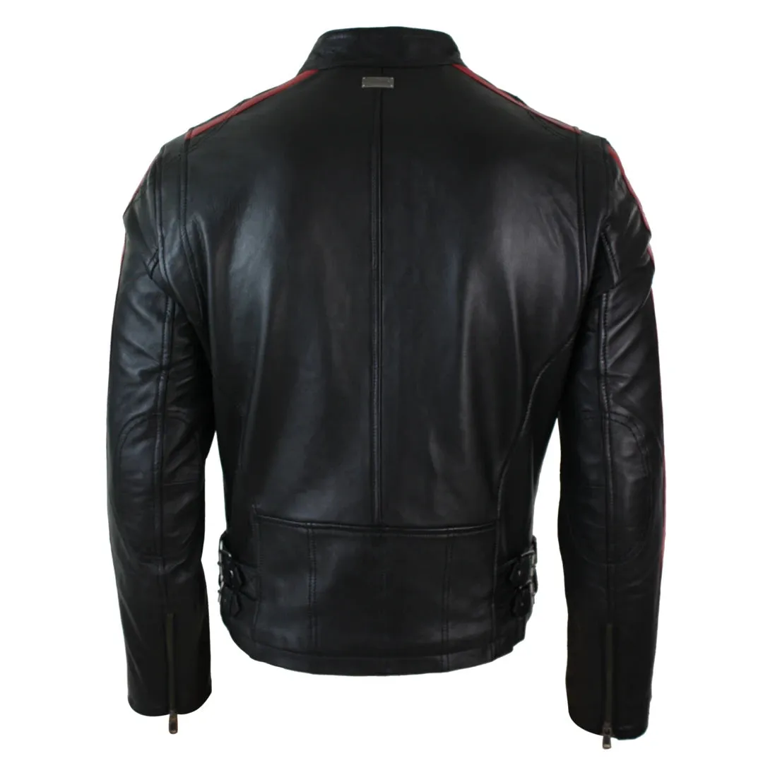 Chaqueta de cuero para caballero estilo Biker Racing con detalle de rayas en las Mangas
