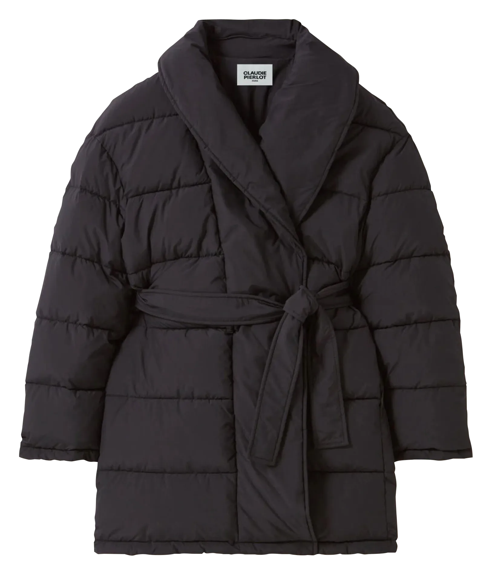 CLAUDIE PIERLOT Chaqueta acolchada con cuello chal y cinturón en negro