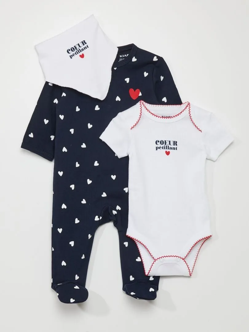 CONJUNTO DE PELELE + BODY + BABERO   3 PIEZAS  BLANCO