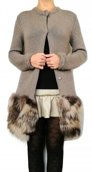 ELLA cappotto giacca treccie donna con inserto in volpe Amelia tortora taglia M