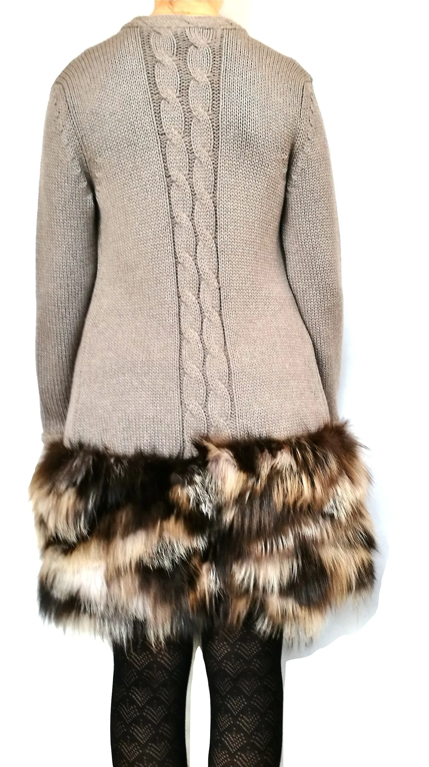 ELLA cappotto giacca treccie donna con inserto in volpe Amelia tortora taglia M
