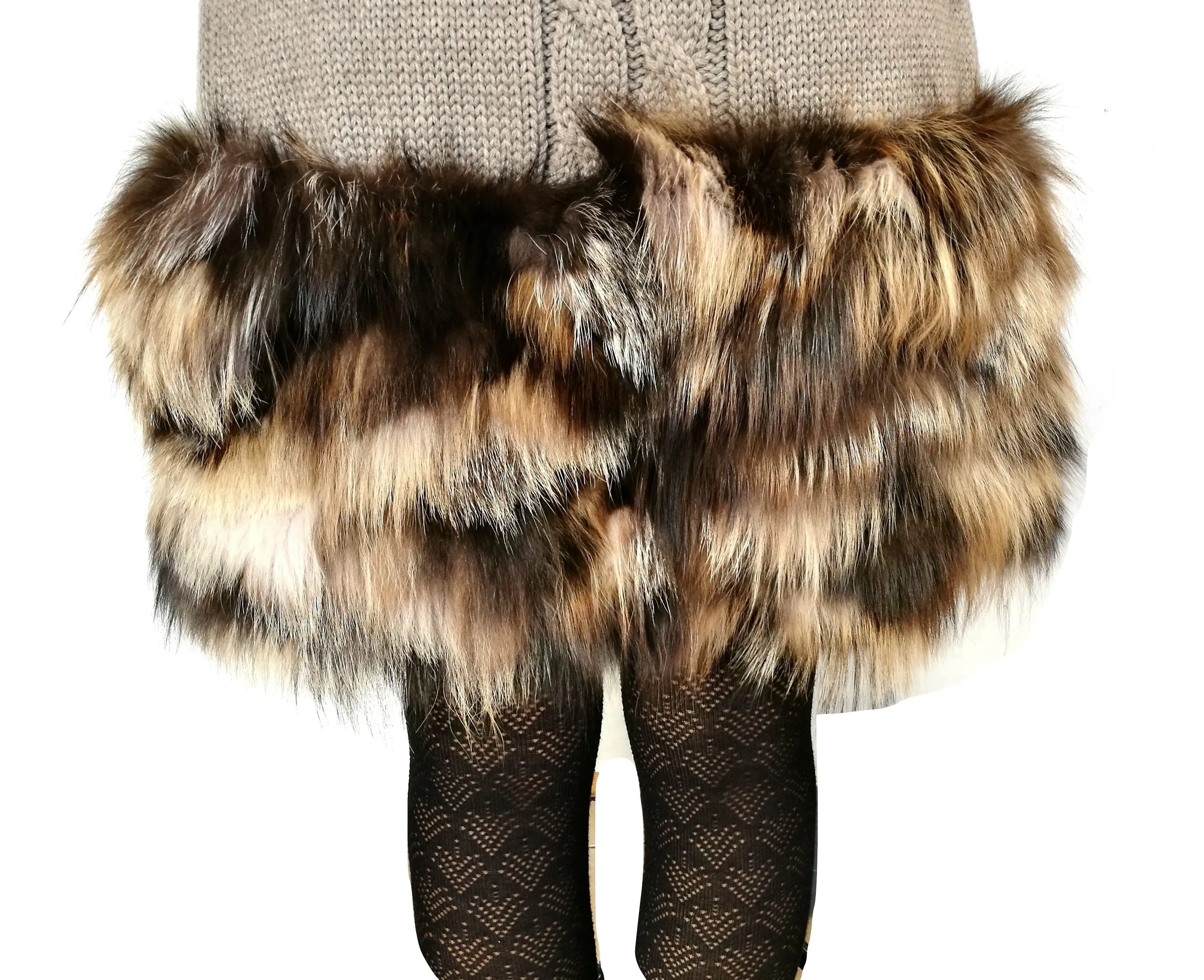 ELLA cappotto giacca treccie donna con inserto in volpe Amelia tortora taglia M