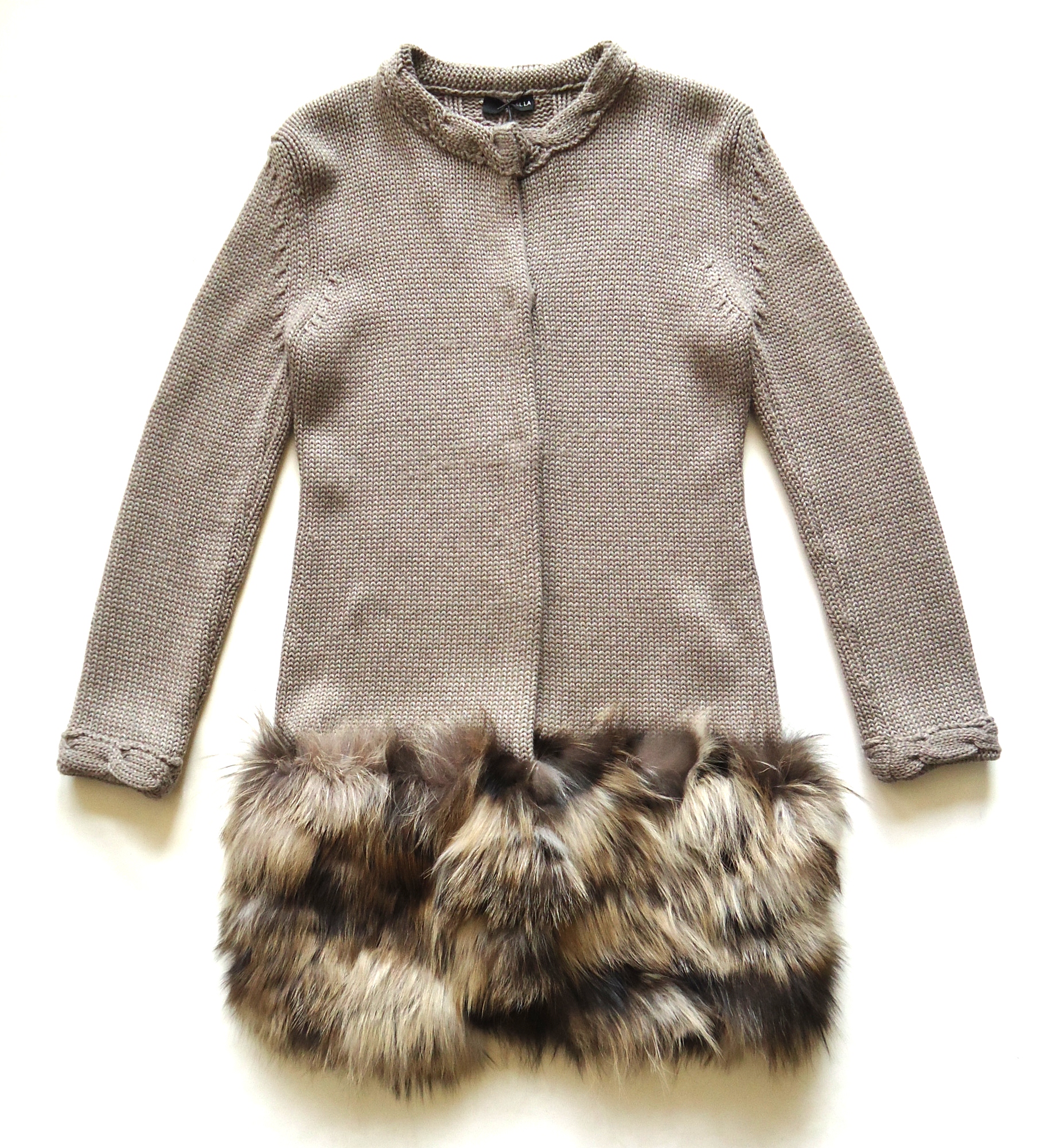 ELLA cappotto giacca treccie donna con inserto in volpe Amelia tortora taglia M