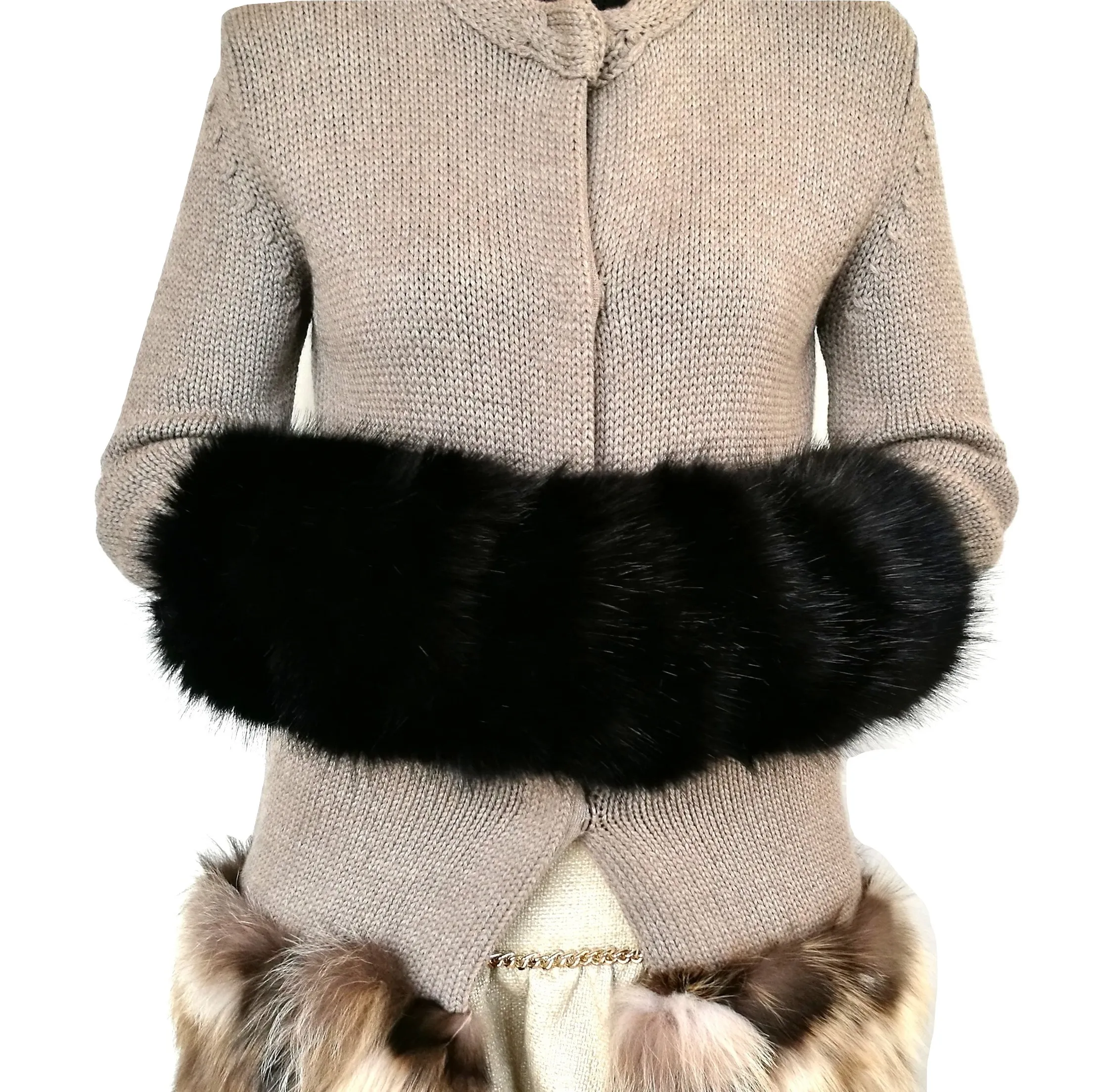 ELLA cappotto giacca treccie donna con inserto in volpe Amelia tortora taglia M