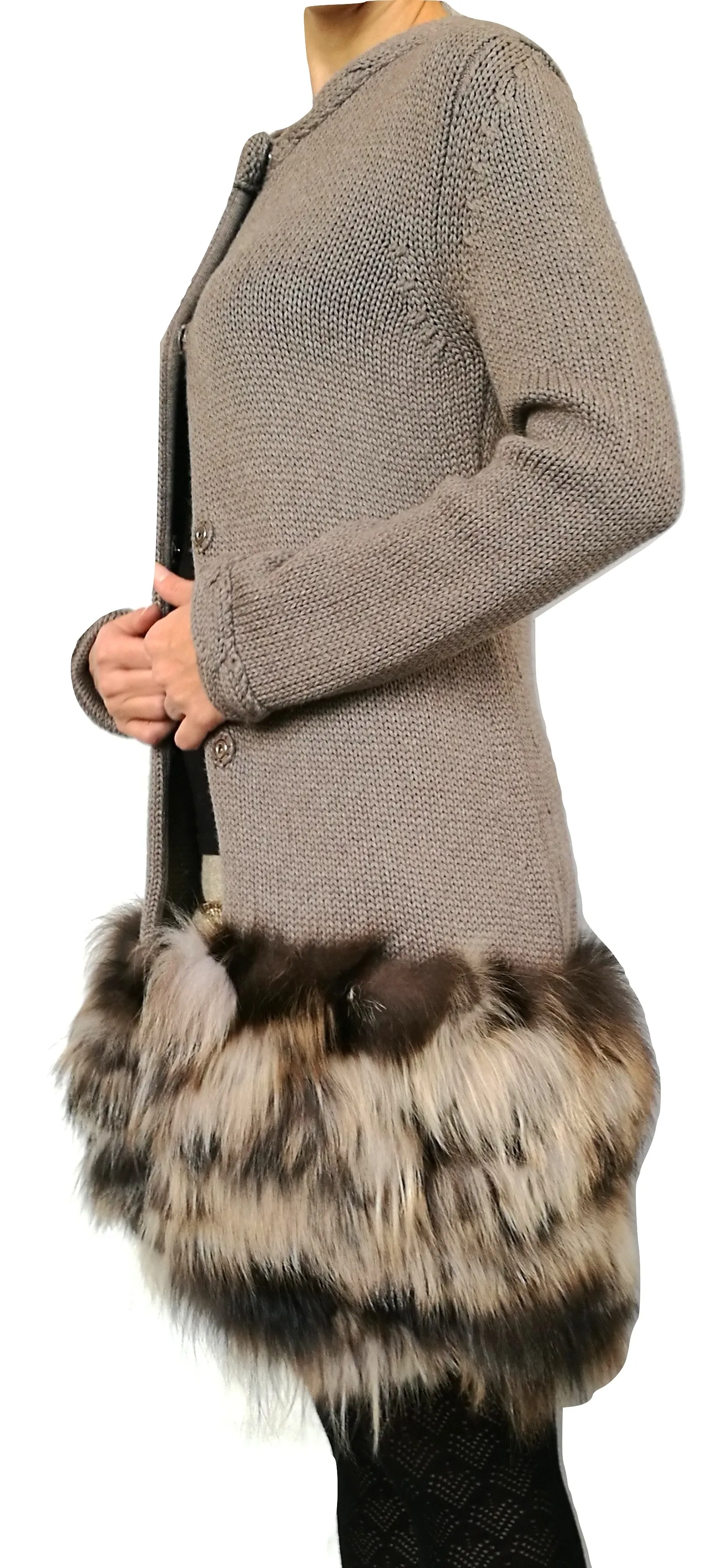 ELLA cappotto giacca treccie donna con inserto in volpe Amelia tortora taglia M
