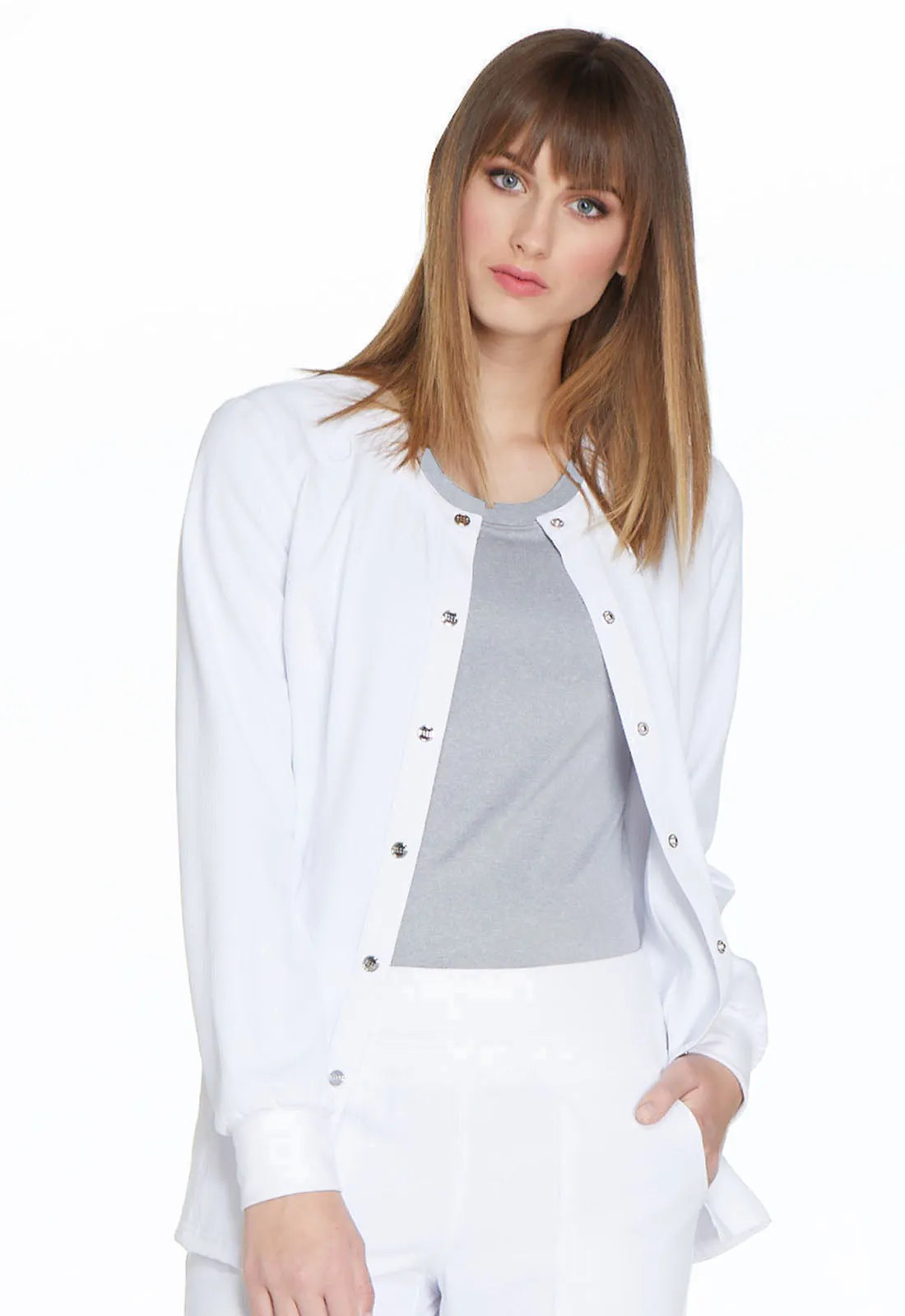 ELLE SIMPLY POLISHED SNAP FRONT WARMUP JACKET IN WHITE WOW!