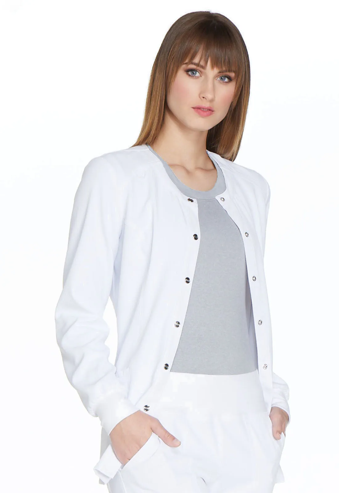 ELLE SIMPLY POLISHED SNAP FRONT WARMUP JACKET IN WHITE WOW!