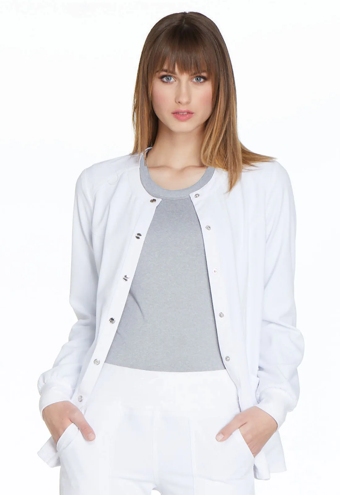 ELLE SIMPLY POLISHED SNAP FRONT WARMUP JACKET IN WHITE WOW!