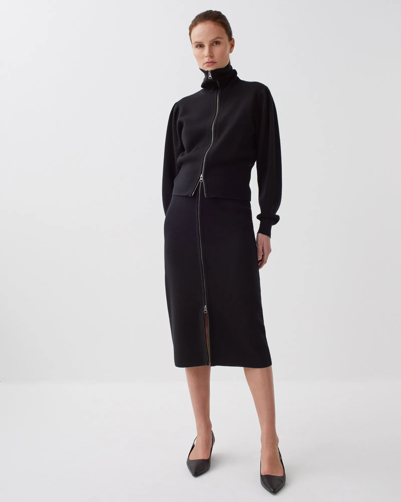 Falda midi con cremallera de lana merino black beauty
