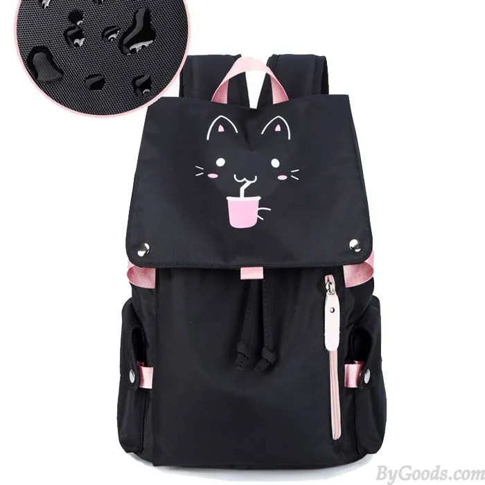 Fresh Cartoon Fluorescence Cat Drink Large Capacity Computer Backpack Flower Waterproof School Backpack