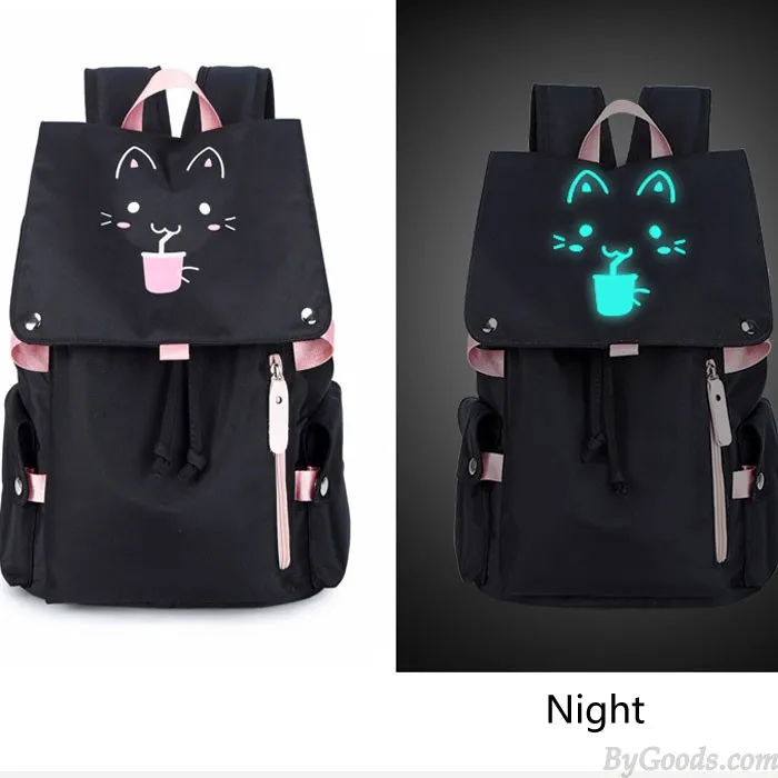 Fresh Cartoon Fluorescence Cat Drink Large Capacity Computer Backpack Flower Waterproof School Backpack