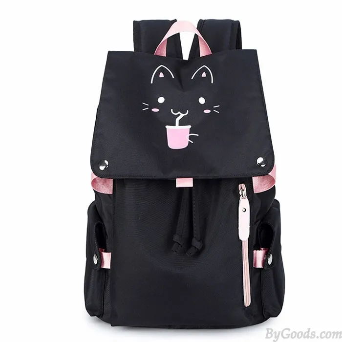 Fresh Cartoon Fluorescence Cat Drink Large Capacity Computer Backpack Flower Waterproof School Backpack