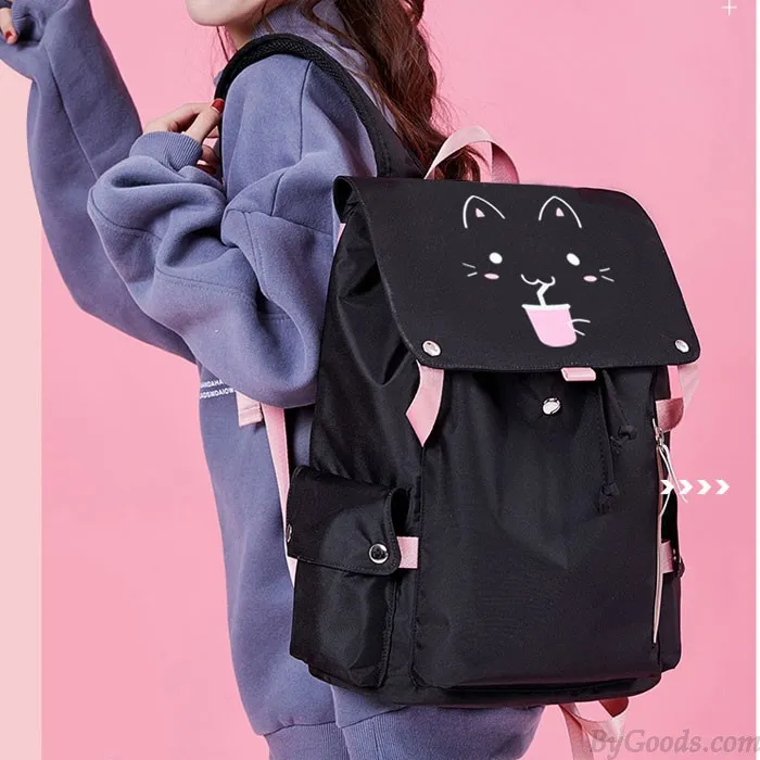 Fresh Cartoon Fluorescence Cat Drink Large Capacity Computer Backpack Flower Waterproof School Backpack