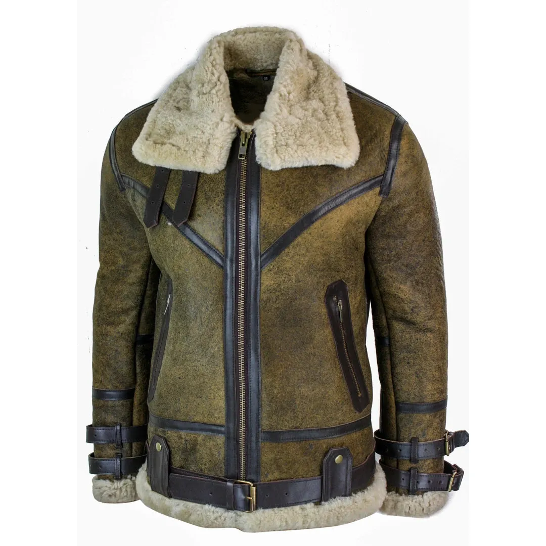 Infinity EK01 caballero Sherling auténtico Cuero de oveja cuero Viking Vintage RAF Chaqueta Marrón Crema Pelaje
