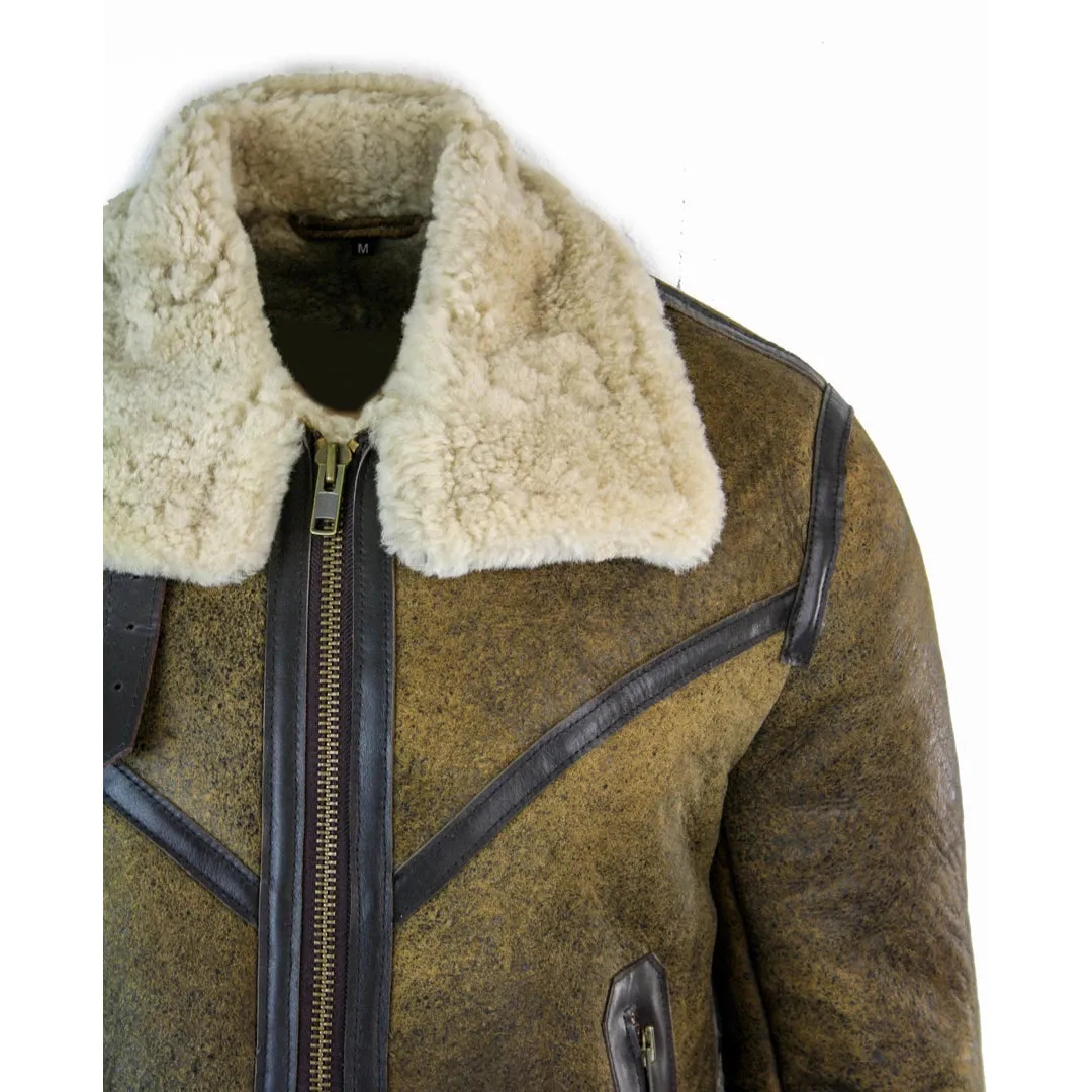 Infinity EK01 caballero Sherling auténtico Cuero de oveja cuero Viking Vintage RAF Chaqueta Marrón Crema Pelaje