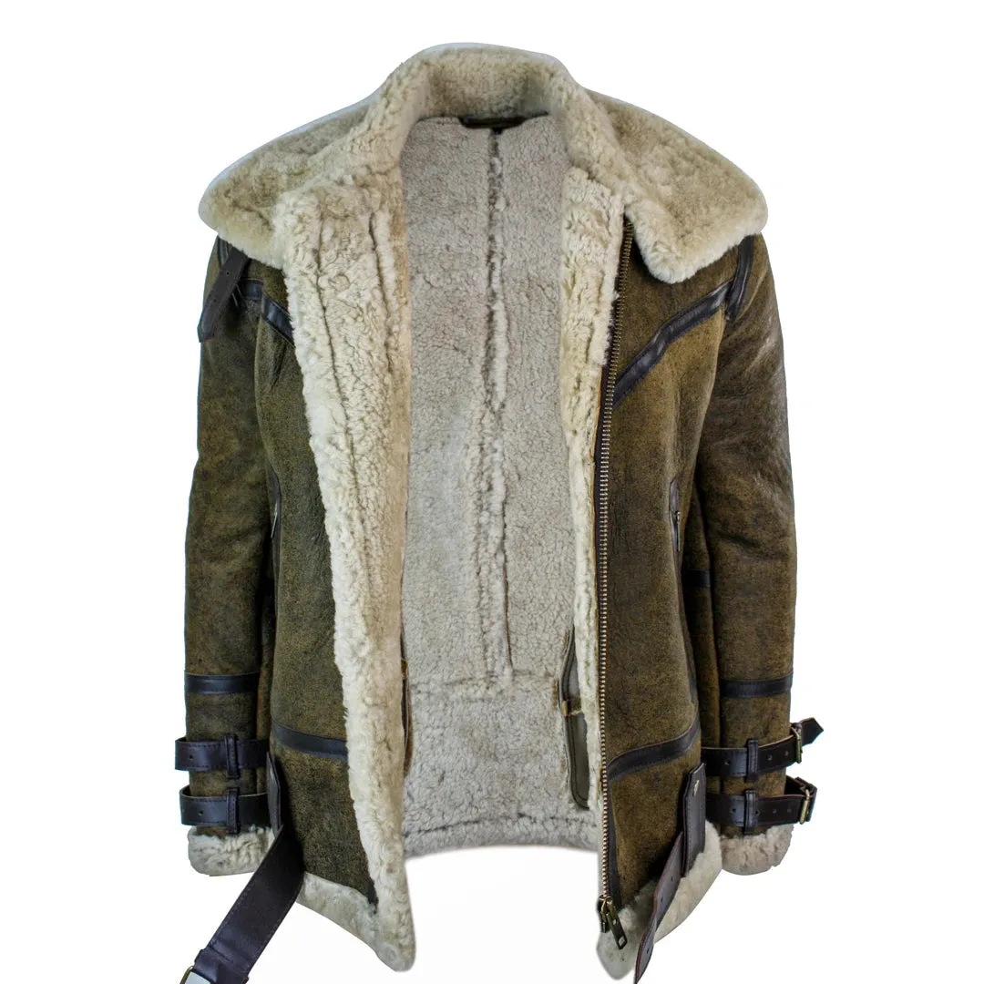 Infinity EK01 caballero Sherling auténtico Cuero de oveja cuero Viking Vintage RAF Chaqueta Marrón Crema Pelaje