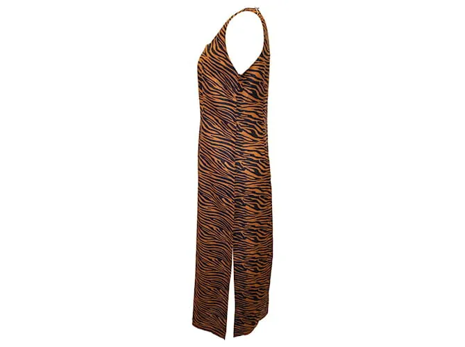 Lisa Marie Fernandez Minivestido Zani con estampado de cebra en lino marrón 