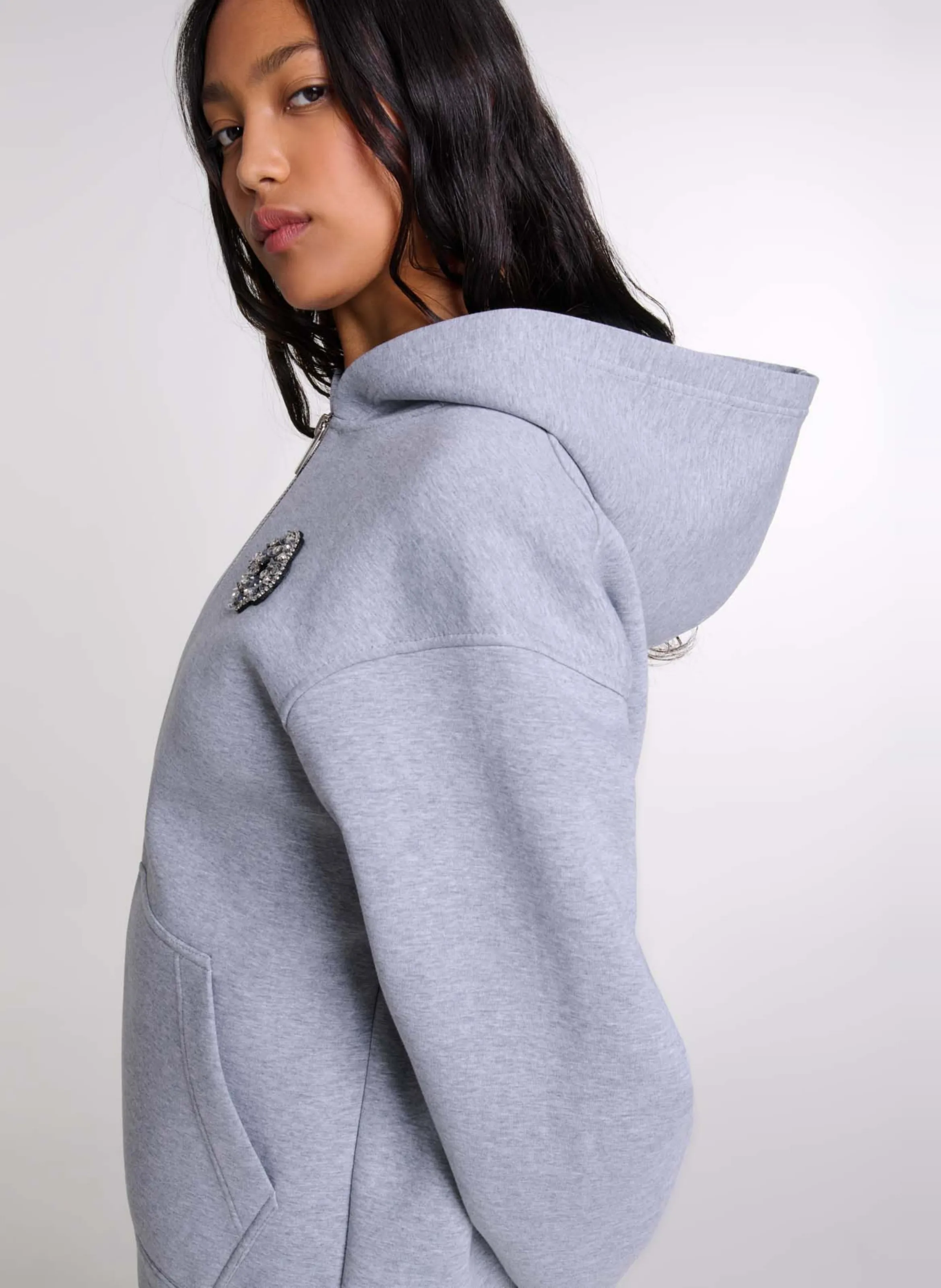 MAJE Sudadera recta de algodón con capucha en gris