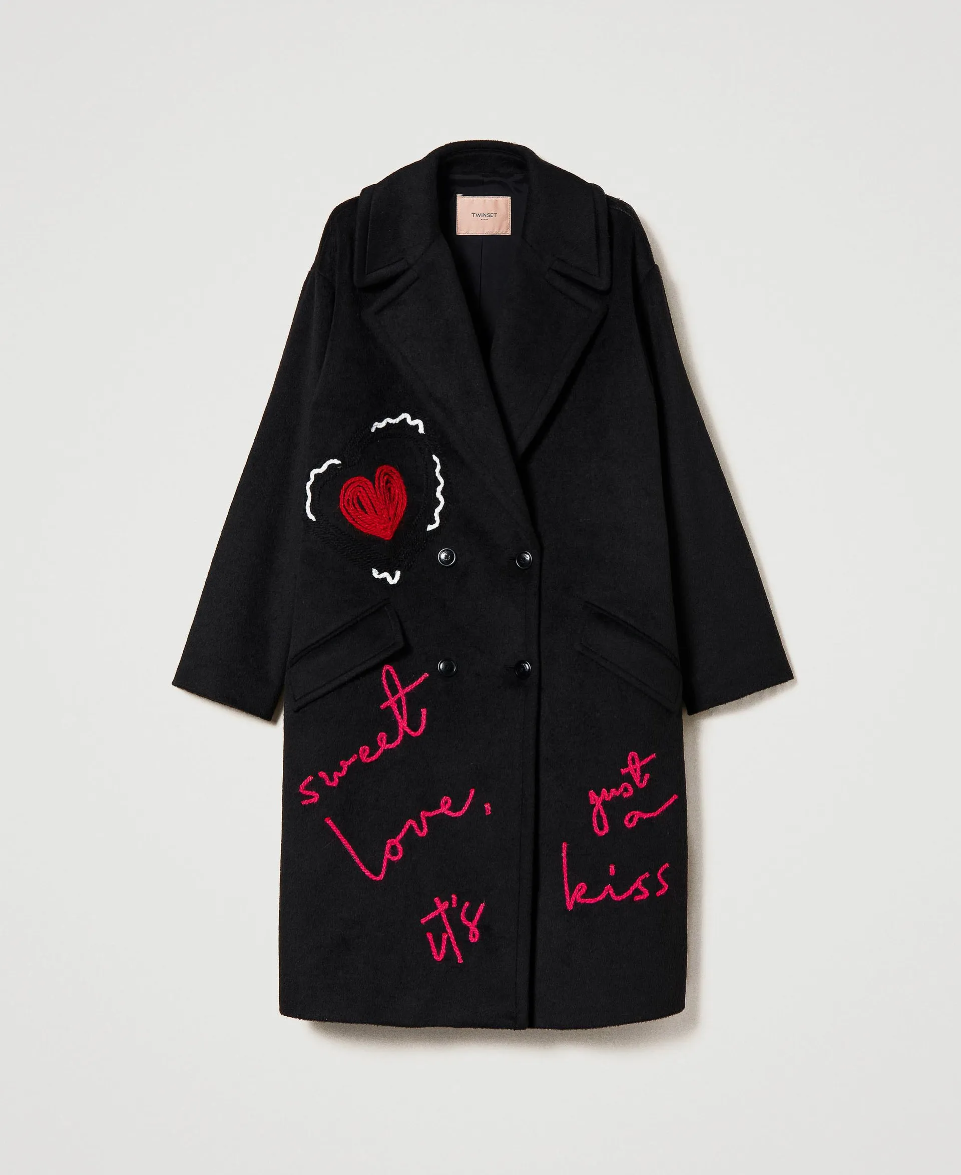 Manteau croisé en laine mélangée cardée avec broderies