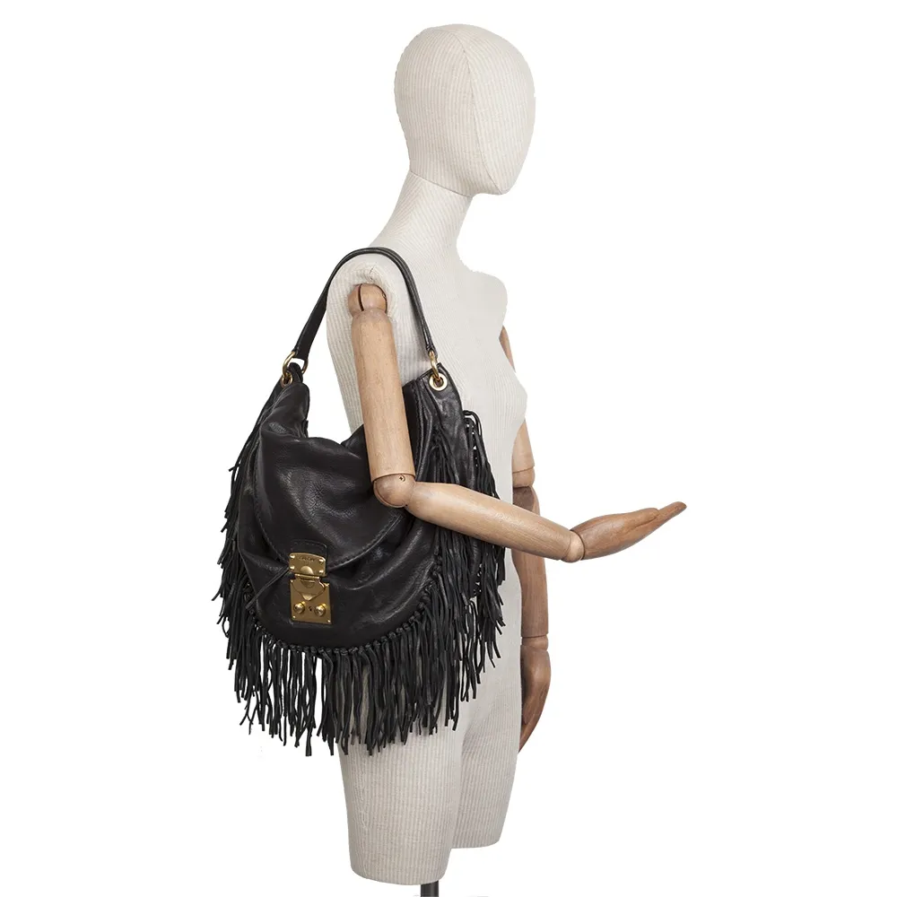 Miu Miu Bolso Hobo Flecos Negro