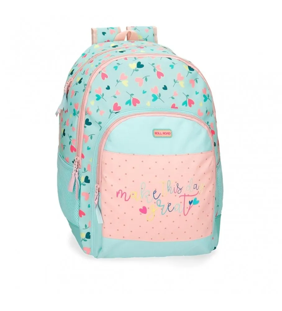 Mochila Escolar Roll Road Queen of hearts Dos Compartimentos turquesa, rosa