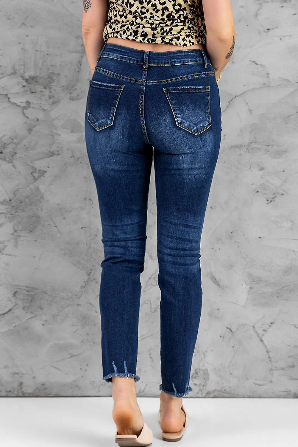 MUJER BLUE LEOPARD CLOVER PRINT BUTTONFLY HIGH WAIST JEANS