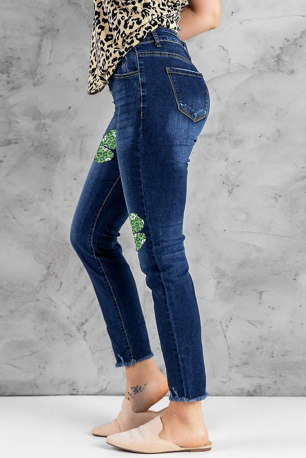 MUJER BLUE LEOPARD CLOVER PRINT BUTTONFLY HIGH WAIST JEANS