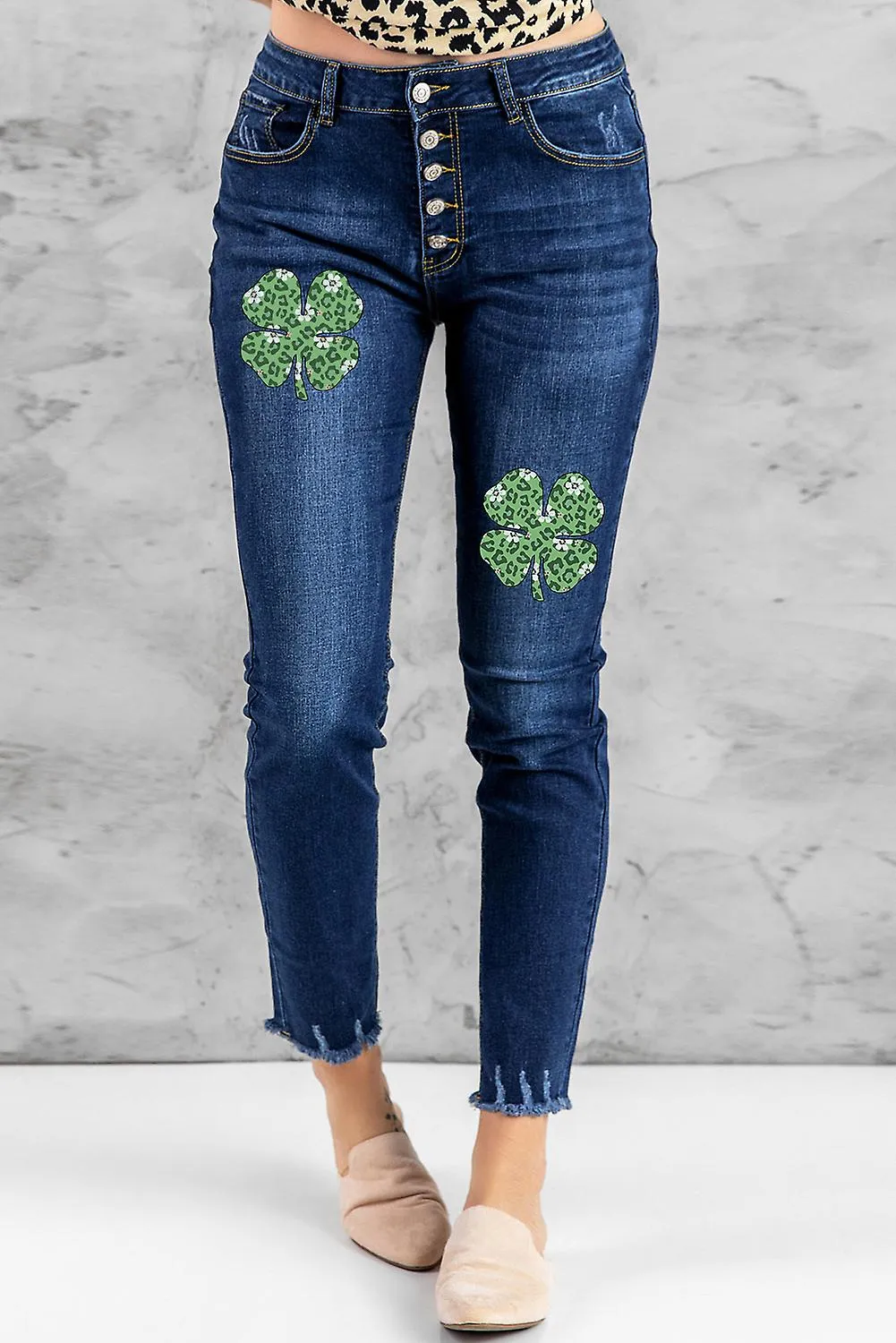 MUJER BLUE LEOPARD CLOVER PRINT BUTTONFLY HIGH WAIST JEANS