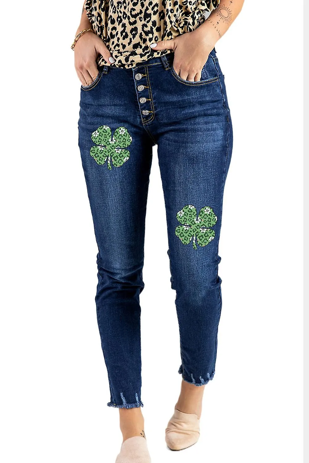 MUJER BLUE LEOPARD CLOVER PRINT BUTTONFLY HIGH WAIST JEANS