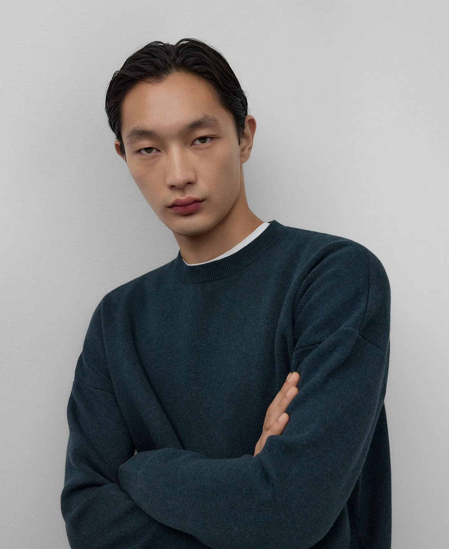 Navy blue cotton sweater for men.