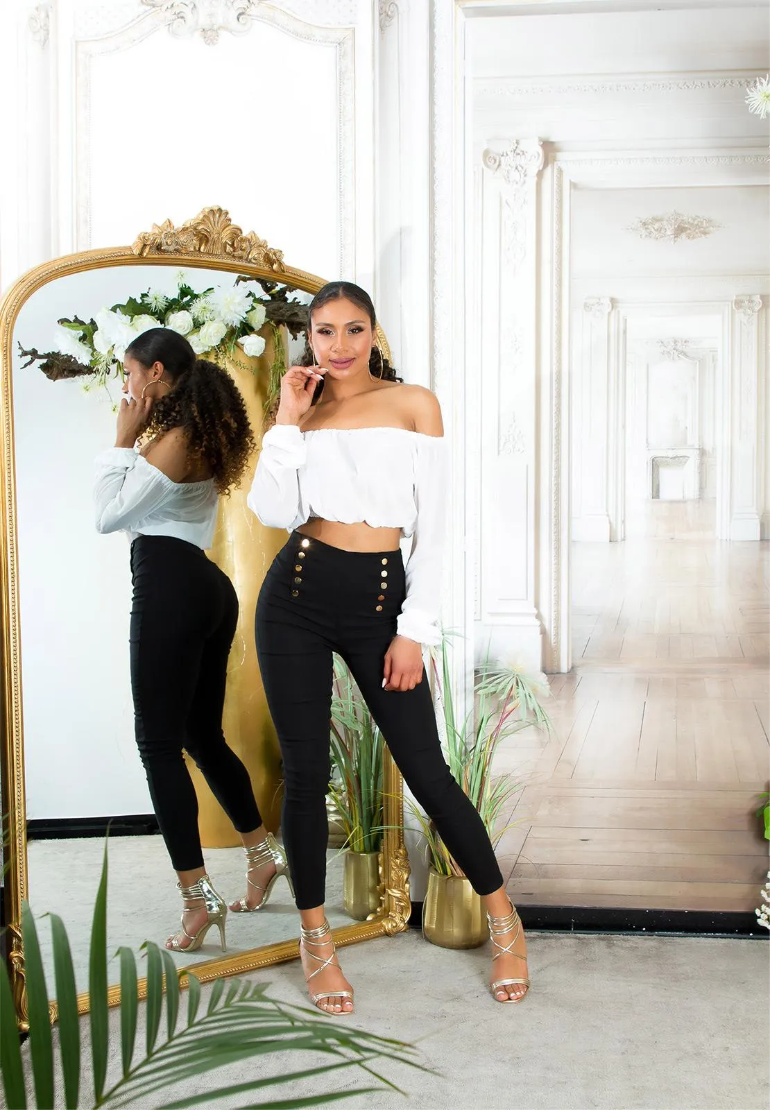 Pantalón Cintura Alta con Botones negro