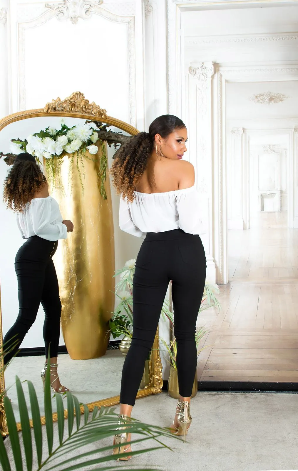 Pantalón Cintura Alta con Botones negro