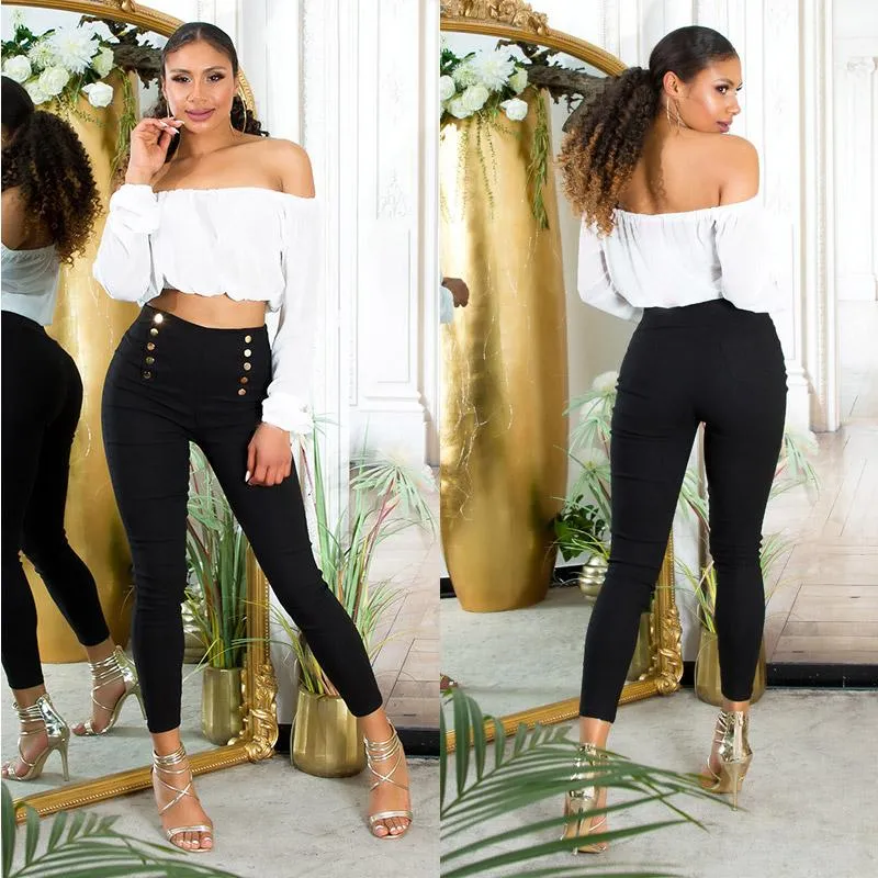 Pantalón Cintura Alta con Botones negro