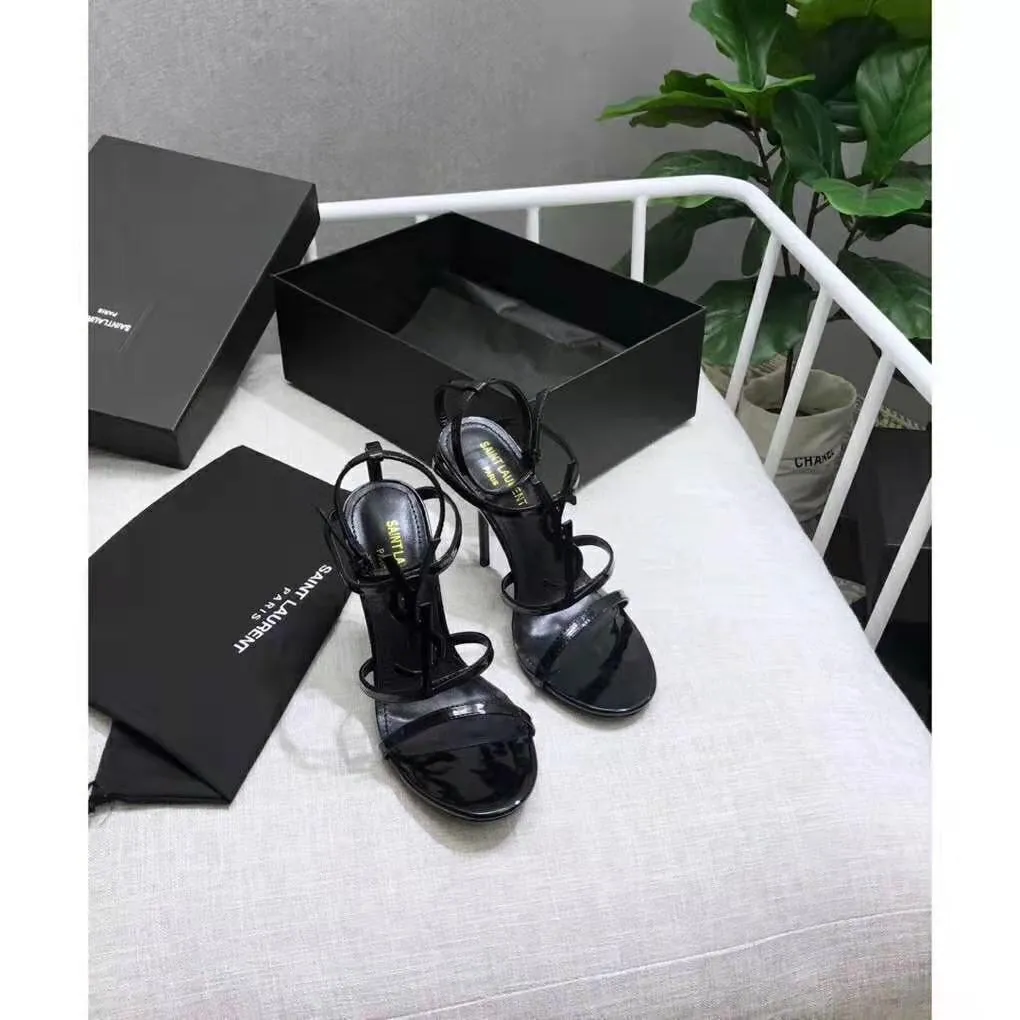 Saint Laurent YSL Mujer Cassandra Sandalia Charol Logo Negro 10.5cm