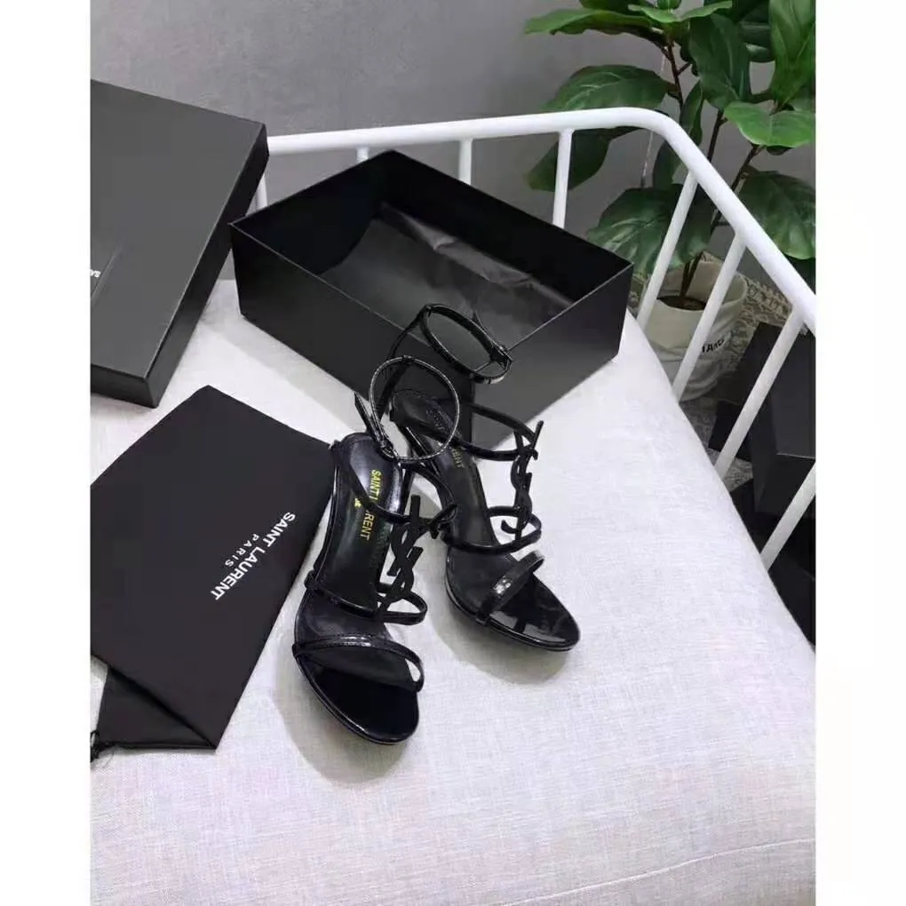 Saint Laurent YSL Mujer Cassandra Sandalia Charol Logo Negro 10.5cm