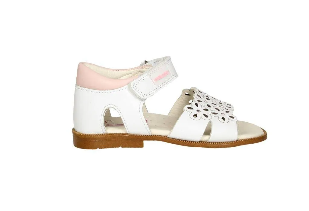 Sandalia Piel Blanca Velcro Pala Flores Talon Cerrado Rosa