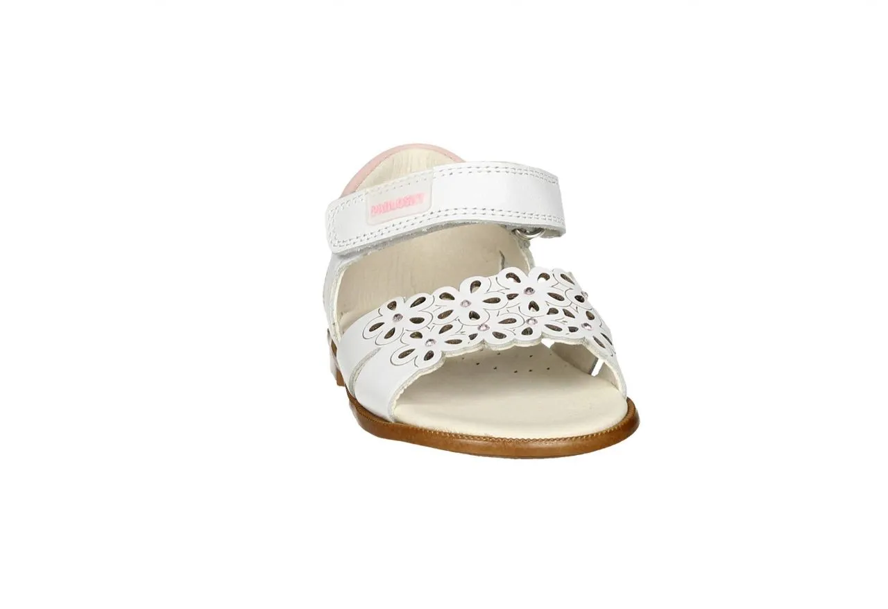 Sandalia Piel Blanca Velcro Pala Flores Talon Cerrado Rosa