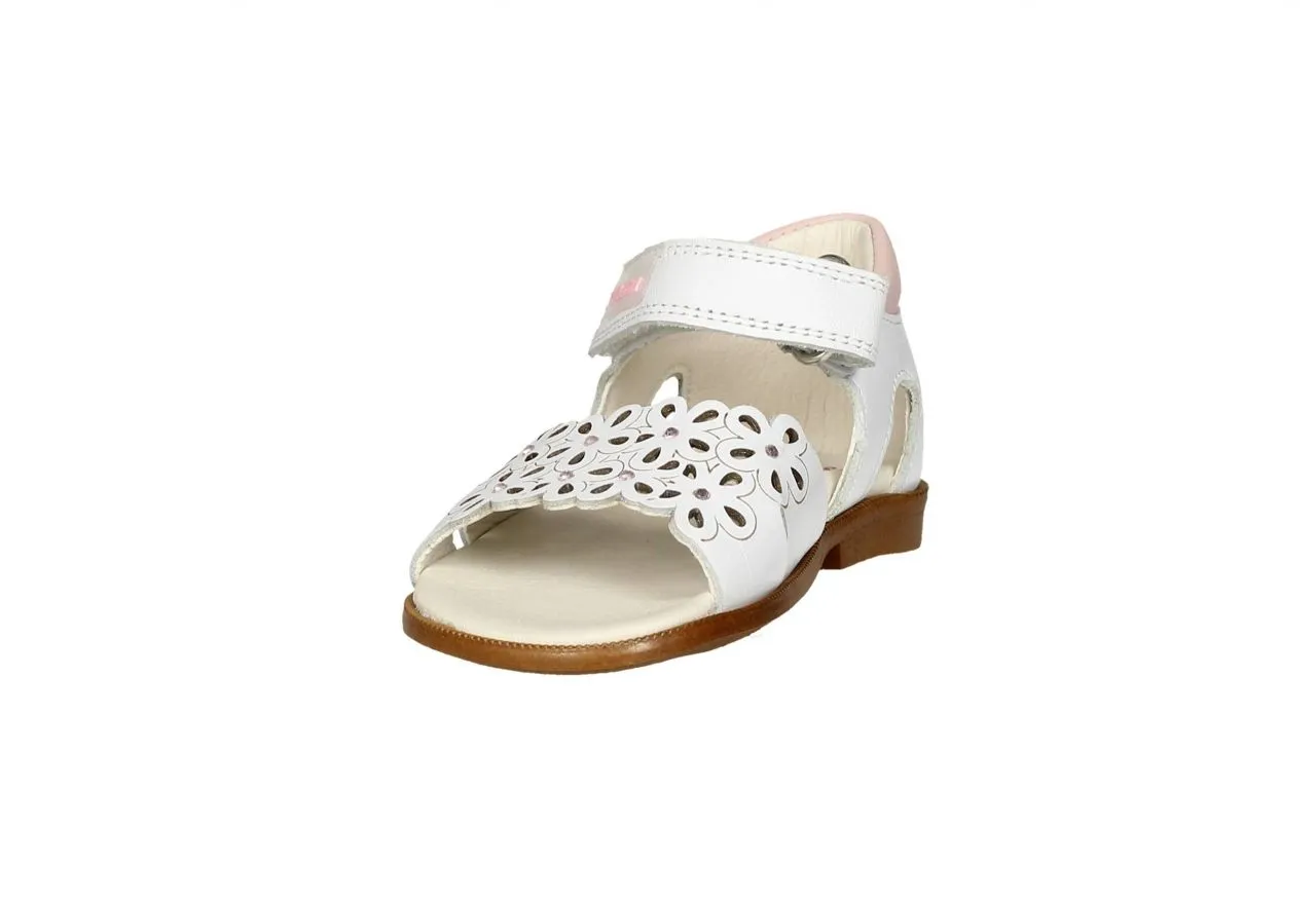 Sandalia Piel Blanca Velcro Pala Flores Talon Cerrado Rosa