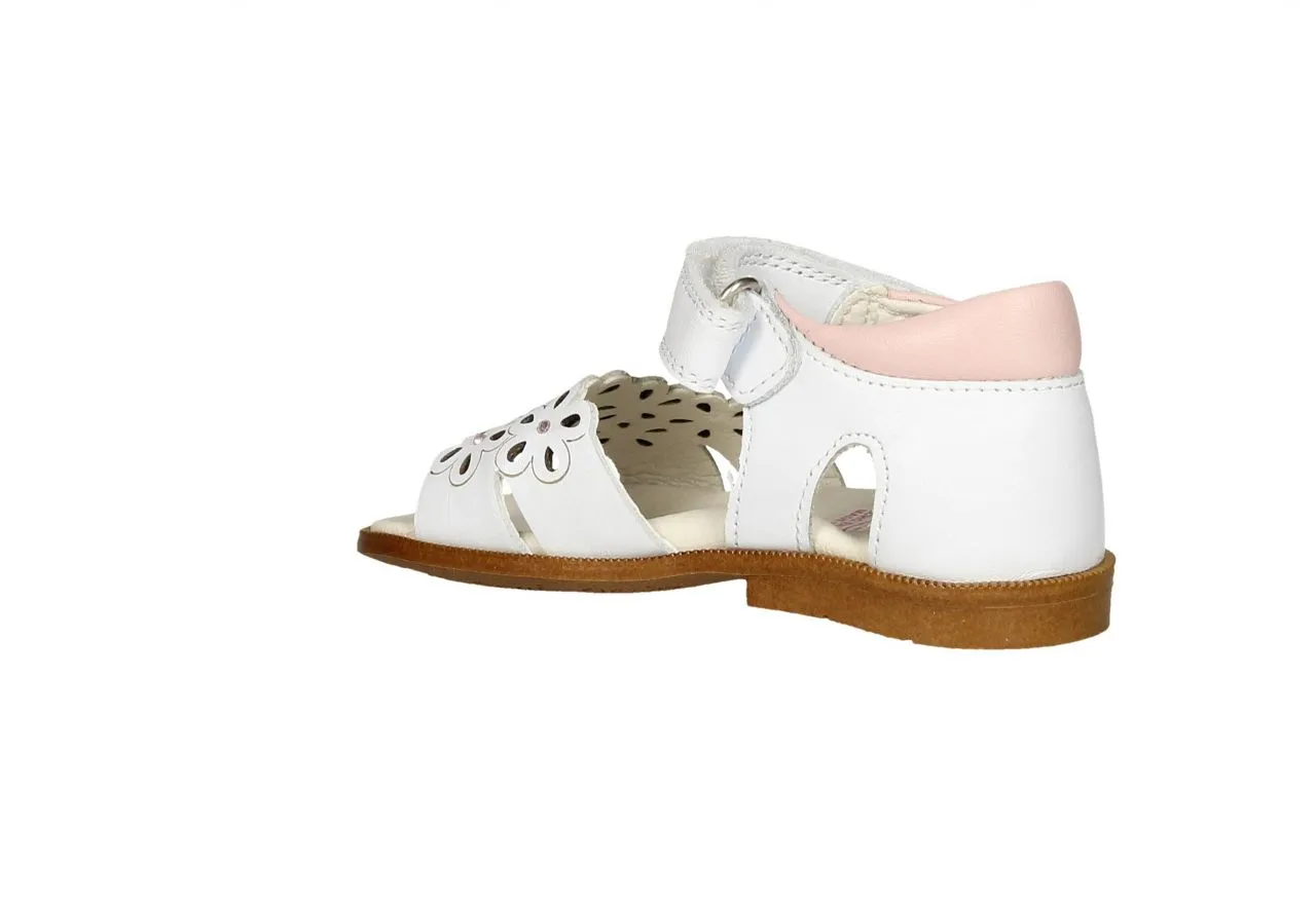 Sandalia Piel Blanca Velcro Pala Flores Talon Cerrado Rosa