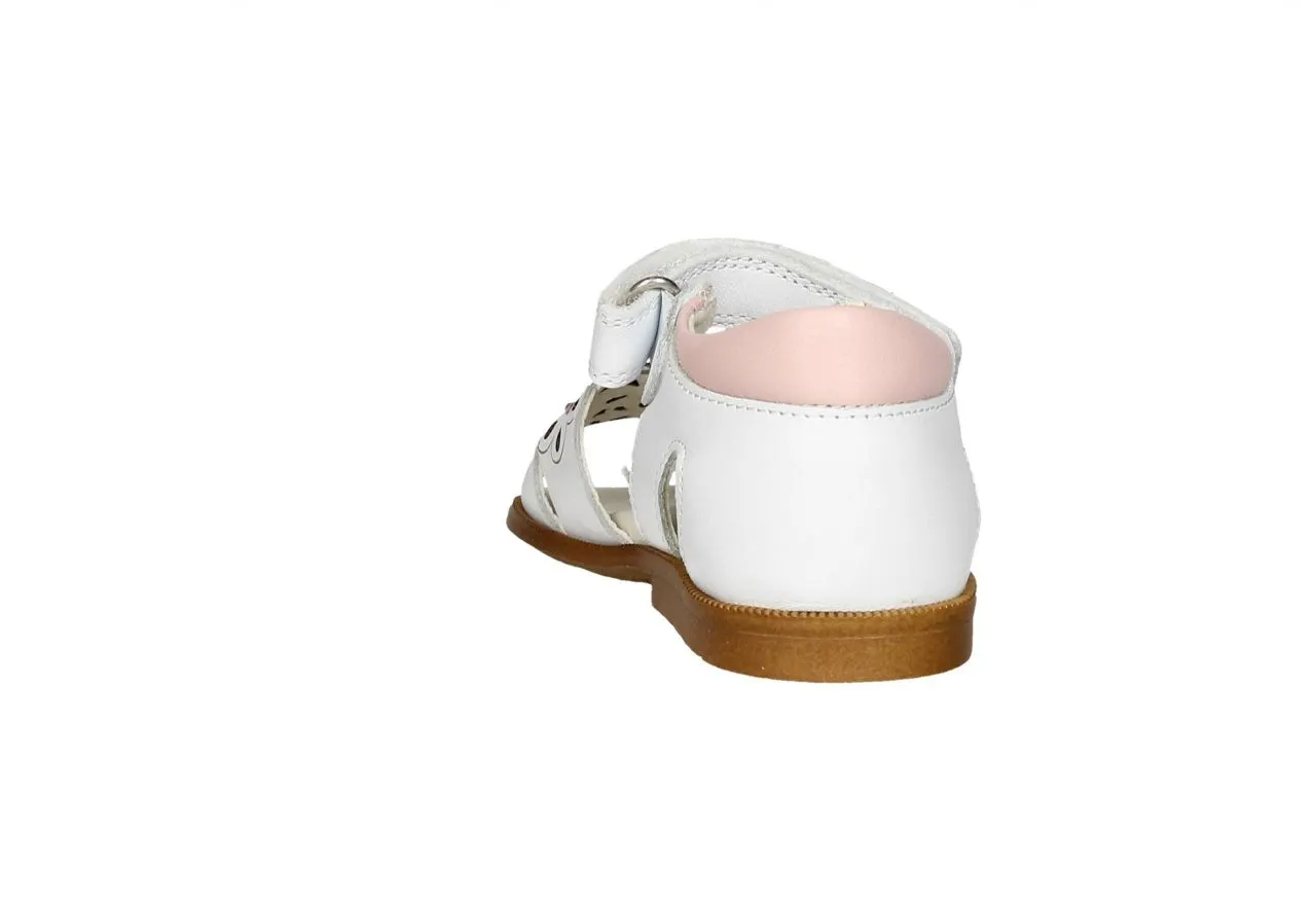 Sandalia Piel Blanca Velcro Pala Flores Talon Cerrado Rosa