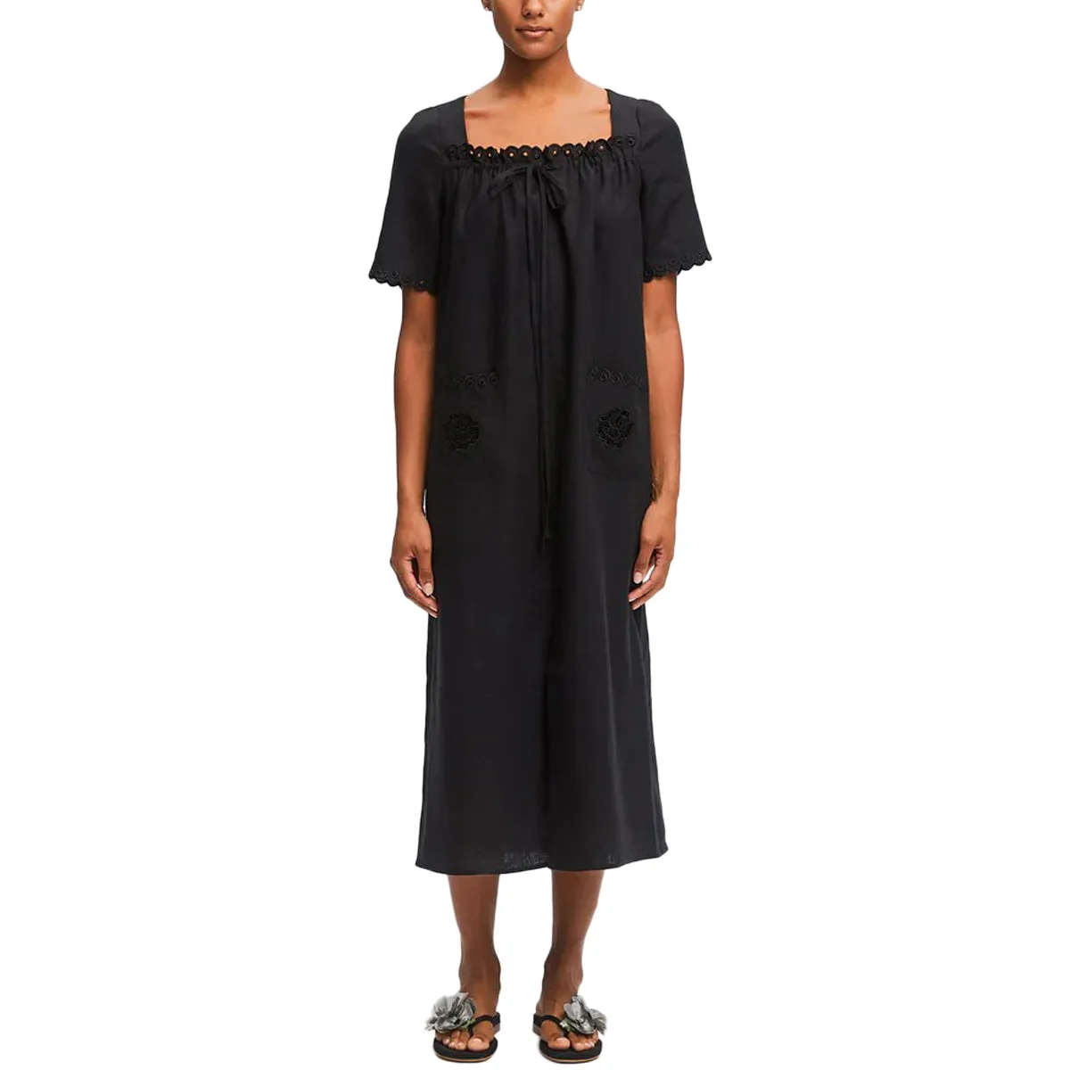 Sofia Linen Embroidered Midi Dress