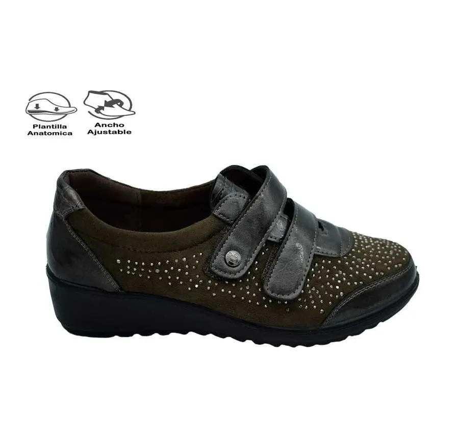 ZAPATO AMARPIES AJH22401 DOBLE VELCRO COMBINADO CHAROL TAUPE PARA MUJER PLANTILLA ACOLCHADA MEMORY SPONGE 27465