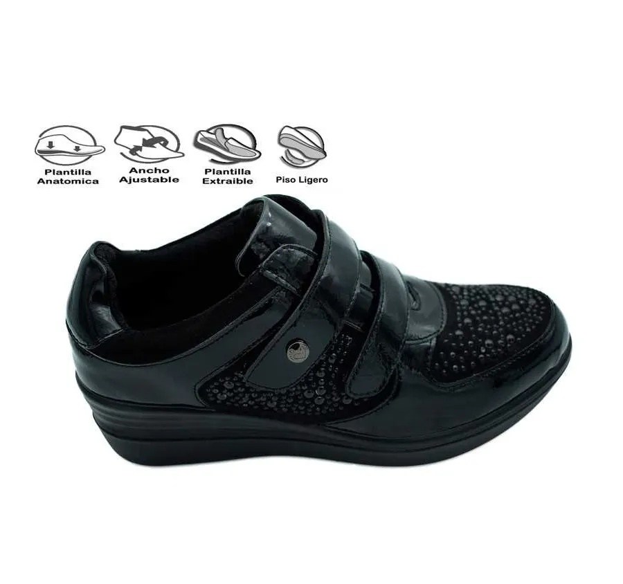 ZAPATO AMARPIES AST20306 DOBLE VELCRO BRILLANTITOS COMBINADO CHAROL NEGRO PARA MUJER PLANTILLA ACOLCHADA 26719